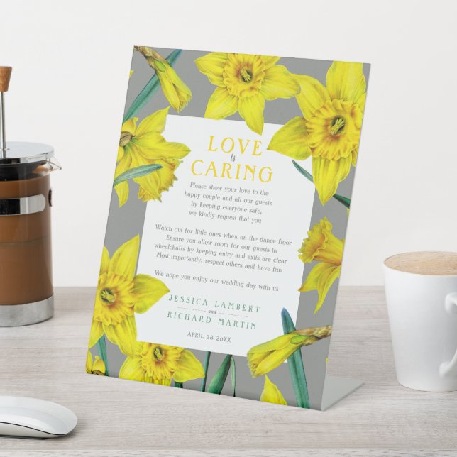 Love is caring yellow spring wedding health pedest pedestal sign (In SItu)