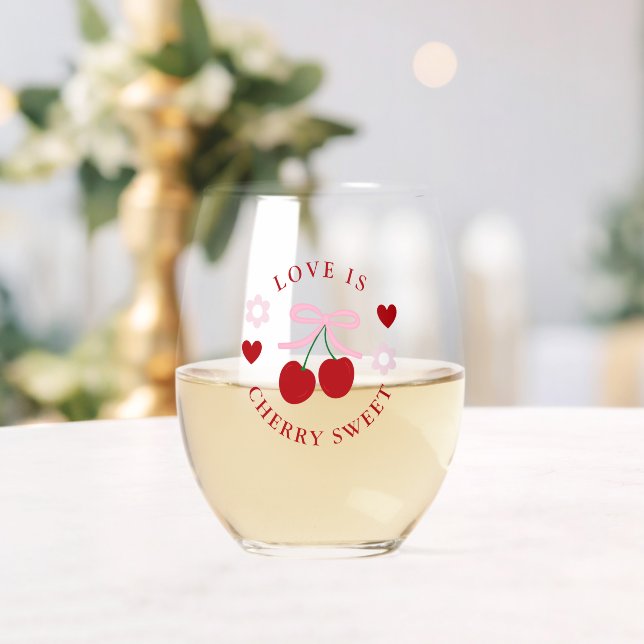 Love Is Cherry Sweet Bridal Shower Stemless Wine Glass (Insitu (Wedding))