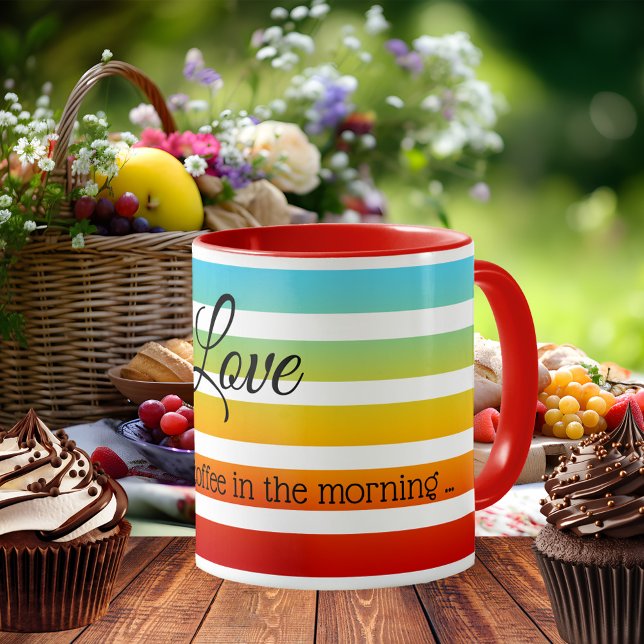 Love is ... Colourful Rainbow Stripes Mug (A classic festive mug featuring a rainbow striped pattern on your custom background color)