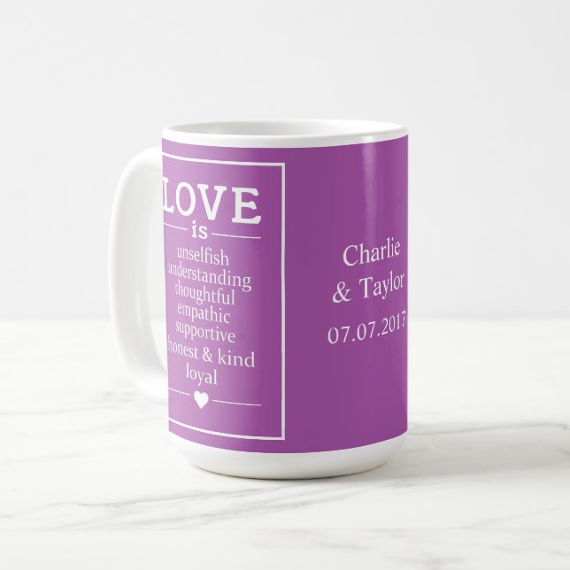 Love Is …custom names, date & colour mugs (Front Left)