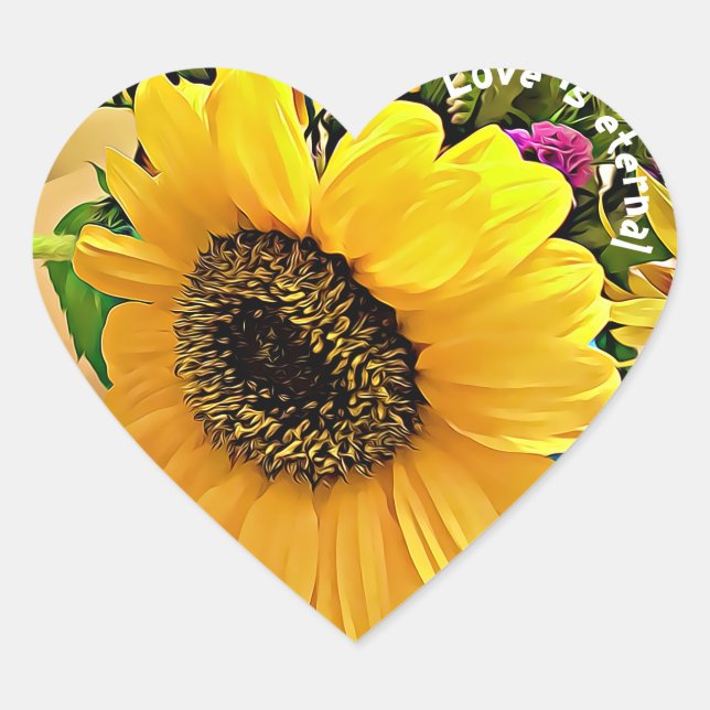 LOVE IS ETERNAL, heart shaped sunflower stickers (Front)