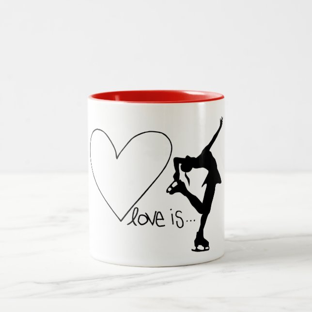 Love is Figure Skating, Girl Skater & Heart/RED Two-Tone Coffee Mug (Center)