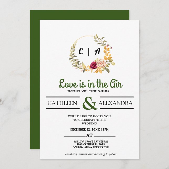 Love IS IN AIR Romantic Script with elegant floral Invitation (Front/Back)