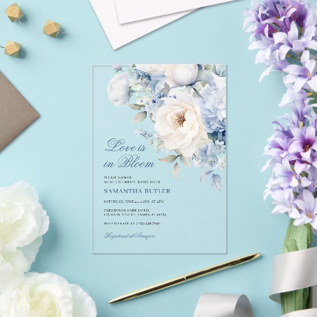 Love is in Bloom Blue Flowers Bridal Shower Acrylic Invitations (Insitu (Wedding))
