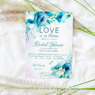 Love is in bloom blue teal flowers bridal shower invitation