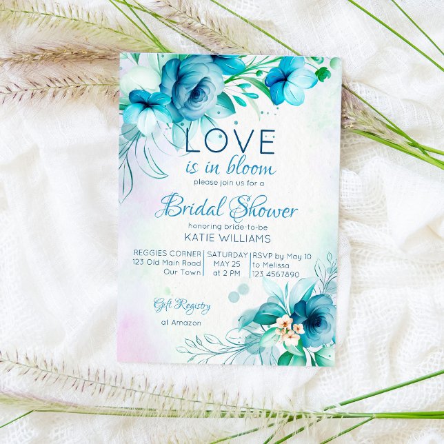 Love is in bloom blue teal flowers bridal shower invitation (Creator Uploaded)