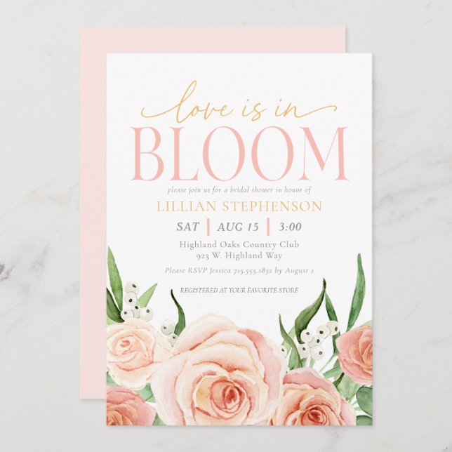 Love Is In Bloom Blush Pink Floral Bridal Shower Invitation (Front/Back)