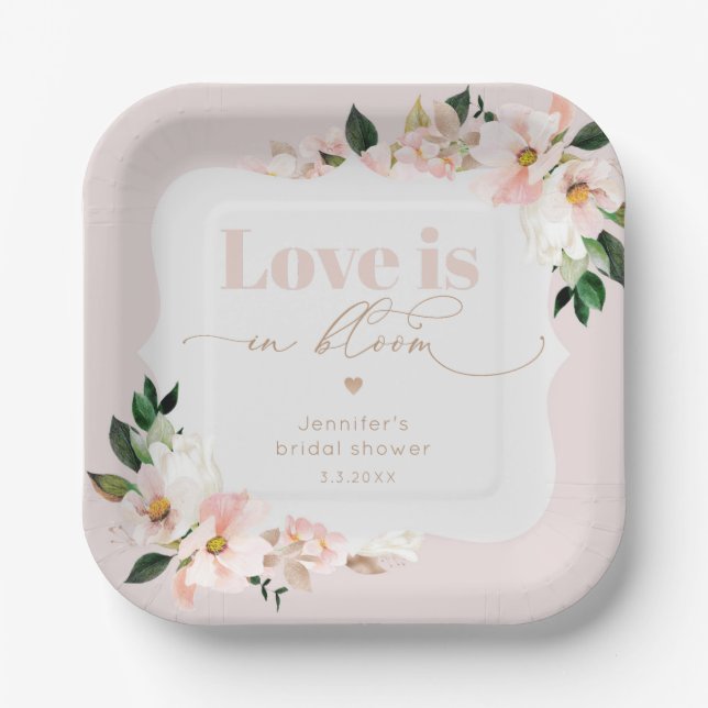 Love is in bloom blush pink wildflowers bridal paper plate (Front)