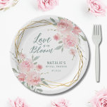 Love is in Bloom Bridal Shower Paper Plate<br><div class="desc">Love is in bloom bridal shower party supplies. Beautiful floral watercolor geometric gold frame Love is in Bloom bridal shower paper plates. Blush Pink Floral bridal shower accessories.</div>