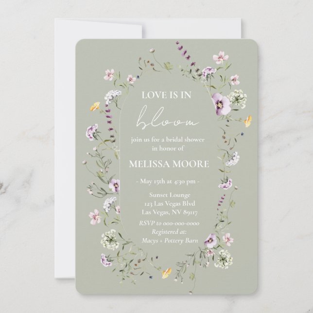 Love Is In Bloom Bridal Shower Sage Green Invitation (Front)