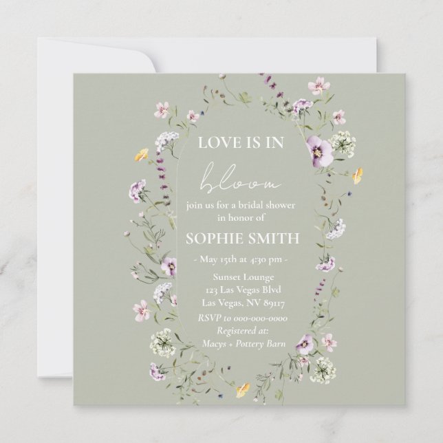 Love Is In Bloom Bridal Shower Sage Green Square Invitation (Front)