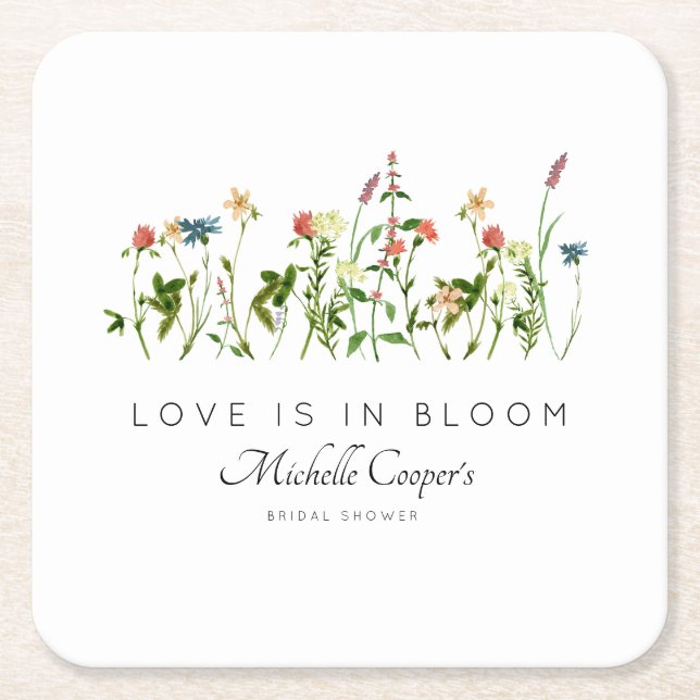 Love is in Bloom Bridal Shower Square Paper Coaster (Front)