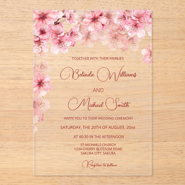 Love Is In Bloom | Cherry Blossom Bridal Shower Acrylic Invitations (Front)