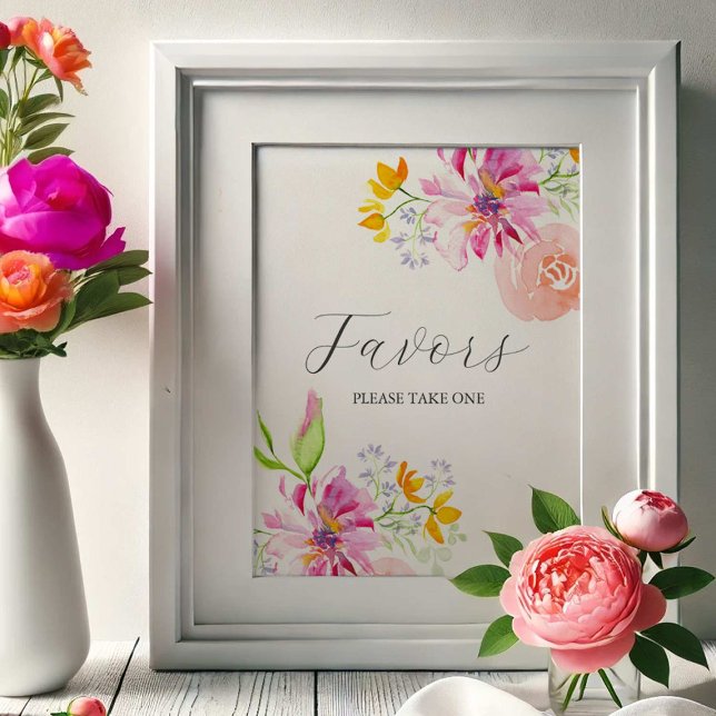 Love is in Bloom Favours Sign Vibrant Pink Flowers (Favors sign watercolor pink and orange flowers by Victoria Grigaliunas of Do Tell A Belle)