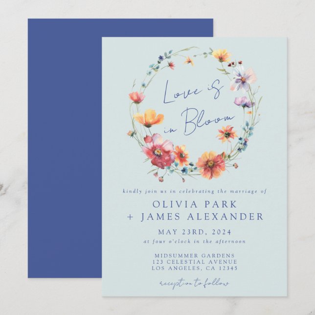 Love is in Bloom Floral Wreath Blue Wedding Invitation (Front/Back)