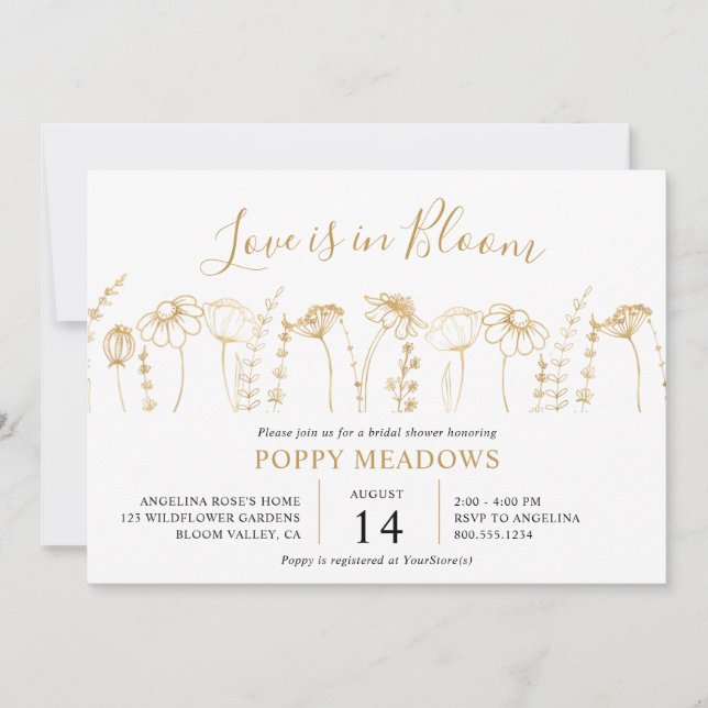 Love is in Bloom Gold Wildflower Bridal Shower Invitation (Front)