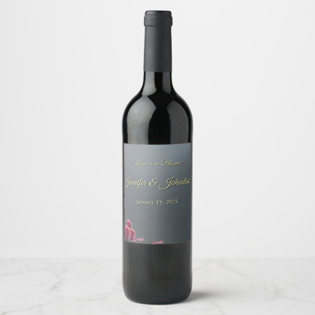 Love is in Bloom Grey Pik Roses Personalized Wine Label (Front)