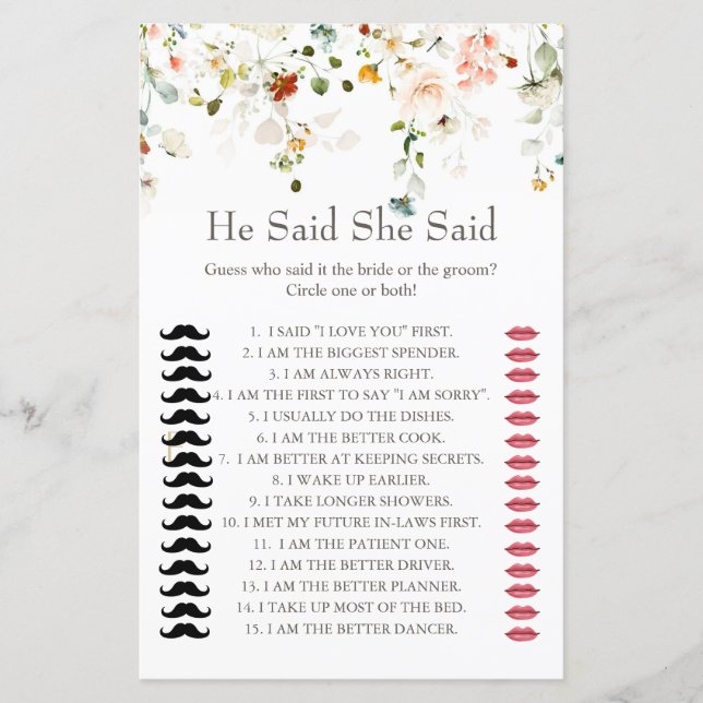 Love is in Bloom He Said She Said Shower Game (Front)