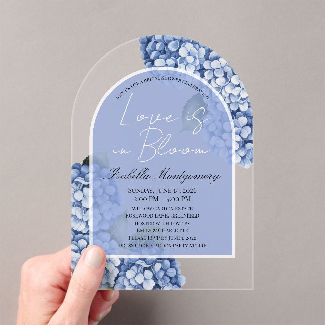 Love Is in Bloom Modern Blue Hydrangea Acrylic Invitations (Insitu (Handheld))