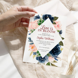 Love is in Bloom Navy & Pink Flowers Bridal Shower Invitation