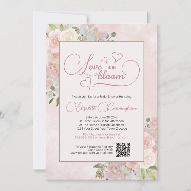 Love is in Bloom Pink Floral Bridal Shower QR Code Invitation (Front)