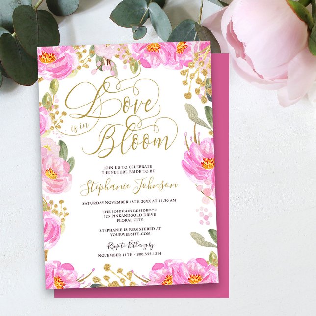 Love is in Bloom Pink Gold Floral Bridal Shower Invitation (Love is in Bloom pretty pink and gold floral bridal shower invitation)