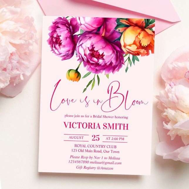 Love is in bloom pink peonies bridal shower invitation (Love is in bloom bold pink peonies spring summer bridal shower invitation template instant download)