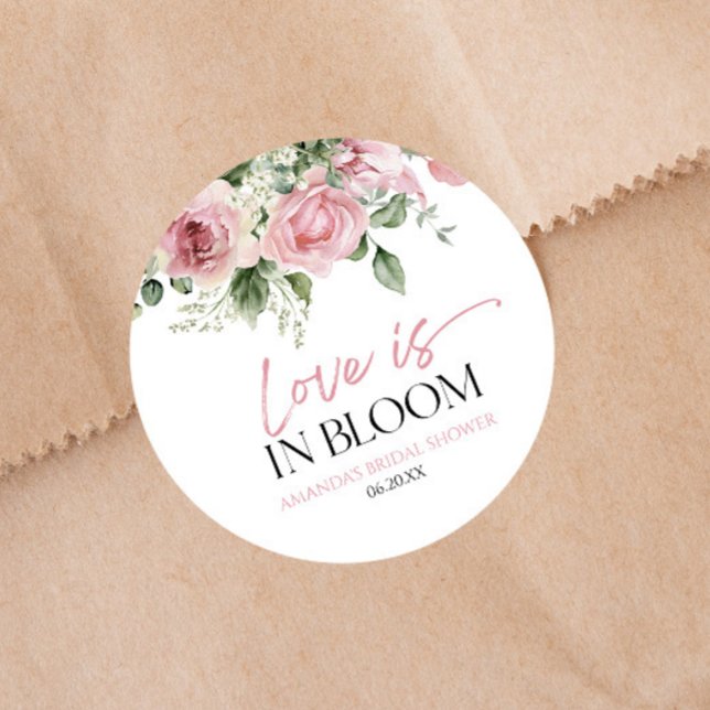 Love Is In Bloom Pink Rose Floral Bridal Shower Classic Round Sticker (Creator Uploaded)