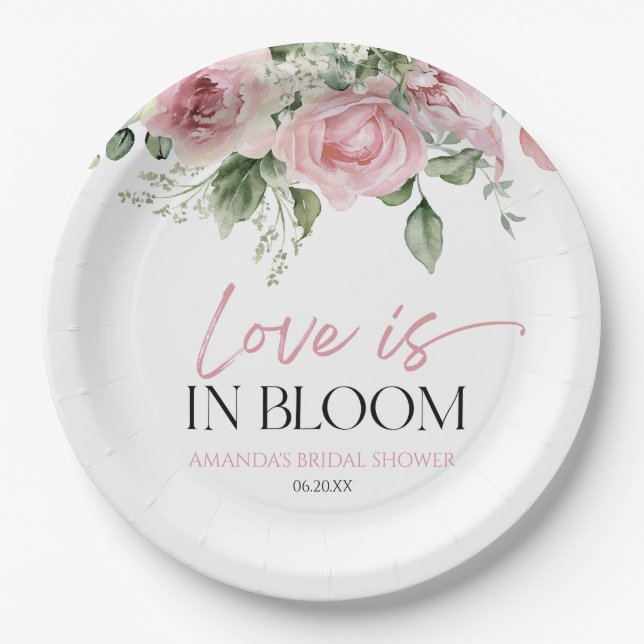 Love Is In Bloom Pink Rose Floral Bridal Shower Paper Plate (Front)