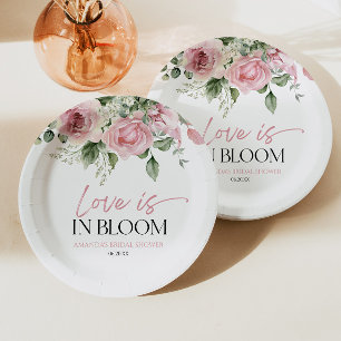 Love Is In Bloom Pink Rose Floral Bridal Shower Paper Plate