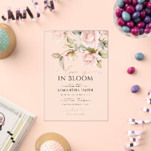 Love is in Bloom Pink Rose & Green Bridal Shower Acrylic Invitations