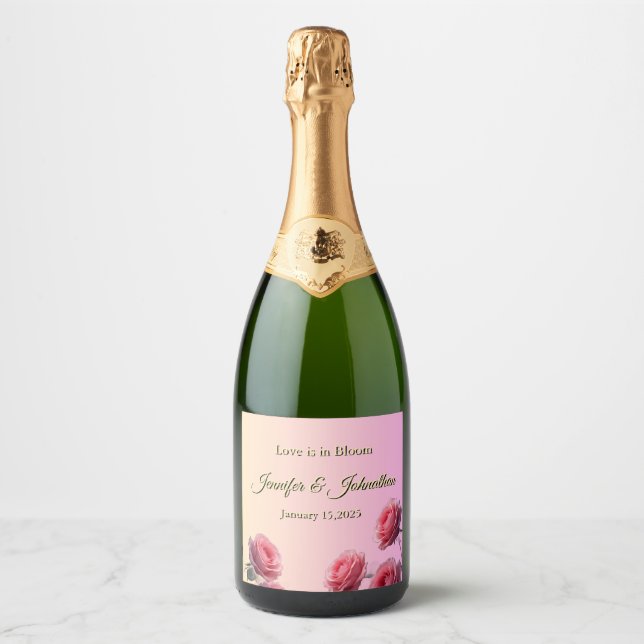 Love is in Bloom Pink Roses Blush Background  Sparkling Wine Label (Front)