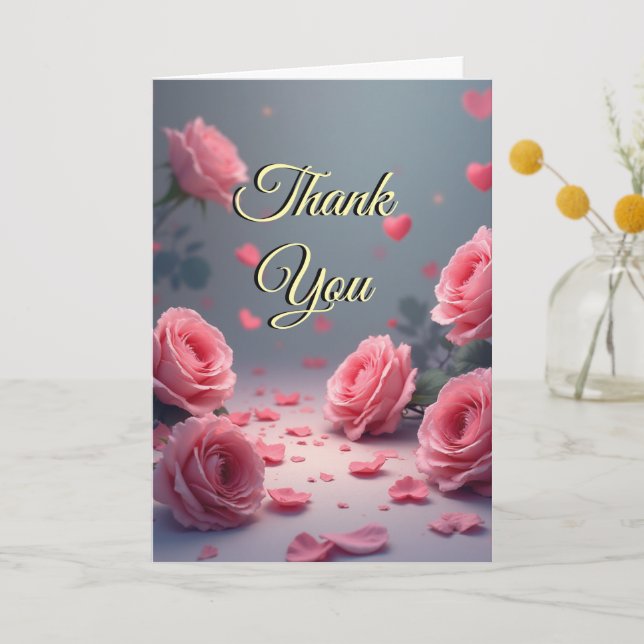 Love is in Bloom Pink Roses Wedding Thank You Card (Front)