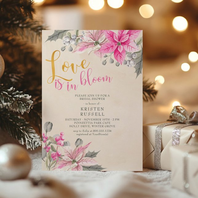 Love is in Bloom Poinsettia Winter Bridal Shower Invitation (Christmas Bridal Shower Invitation with Pink Poinsettias by Darling & May)