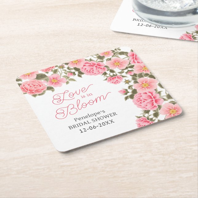 LOVE IS IN BLOOM PRETTY PINK WILD ROSES SQUARE PAPER COASTER (Angled)