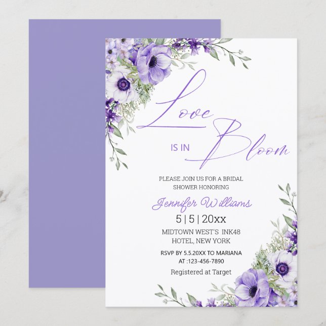 love is in bloom, purple floral bridal shower chic invitation (Front/Back)