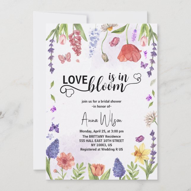 love is in bloom purple wildflower bridal shower invitation (Front)
