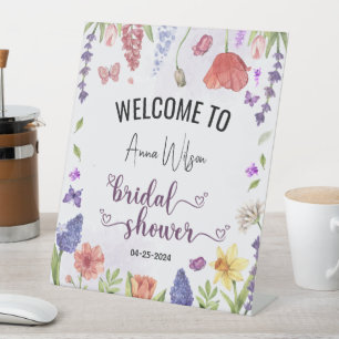 love is in bloom purple wildflower bridal shower pedestal sign