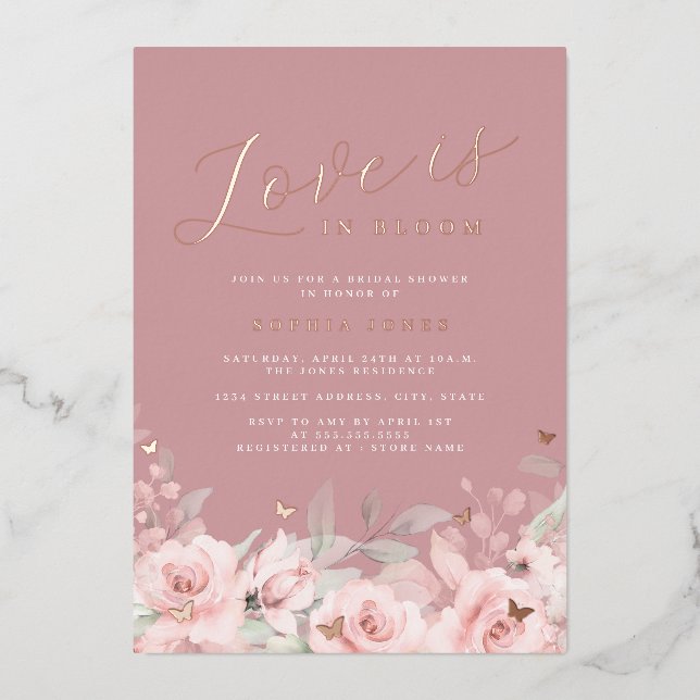 Love is in Bloom Rose Gold Blush Bridal Shower  (Front)