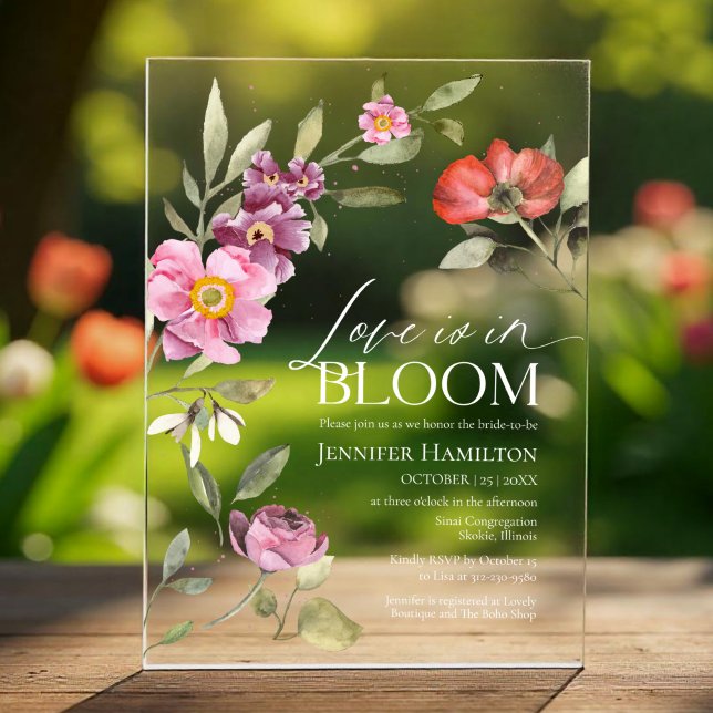Love is in Bloom Rosey Floral Spring Bridal Shower Acrylic Invitations (Creator Uploaded)