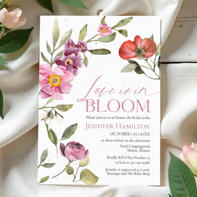 Love is in Bloom Rosey Floral Spring Bridal Shower Invitation (Creator Uploaded)