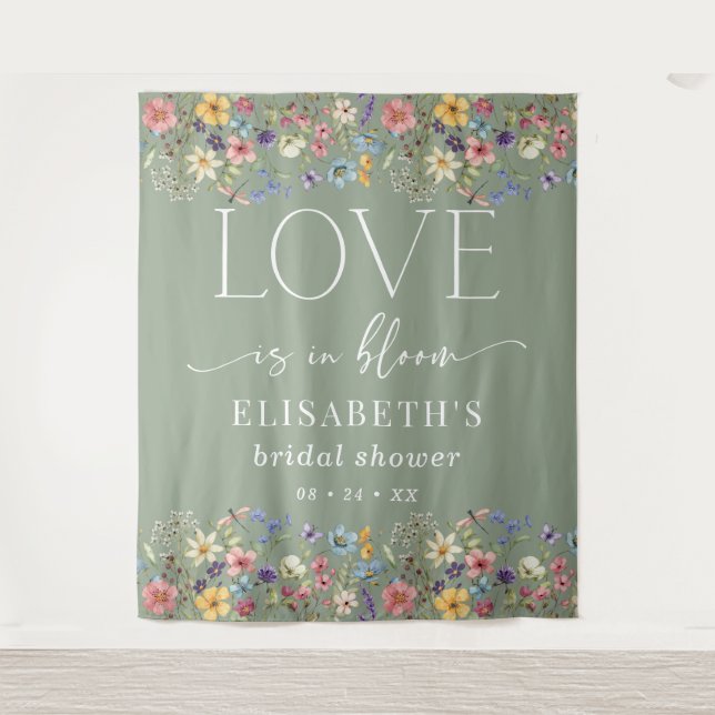 Love Is in Bloom Sage Green Bridal Shower Backdrop Tapestry (Front)
