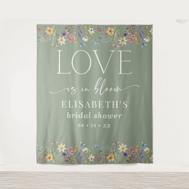 Love Is in Bloom Sage Green Bridal Shower Backdrop Tapestry (Front)