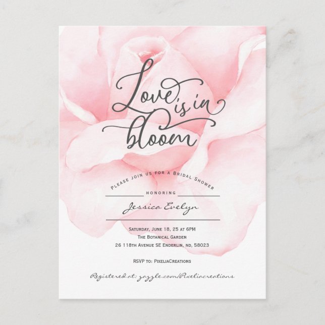Love is in bloom, simple modern bridal shower invi invitation postcard (Front)