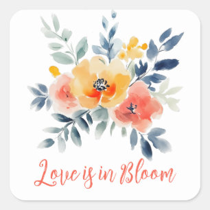 Love is in Bloom Watercolor Floral Bridal Shower Square Sticker