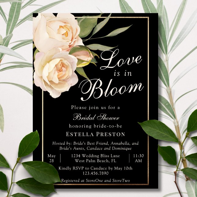 Love is in Bloom White Roses Black Bridal Shower Invitation (Creator Uploaded)