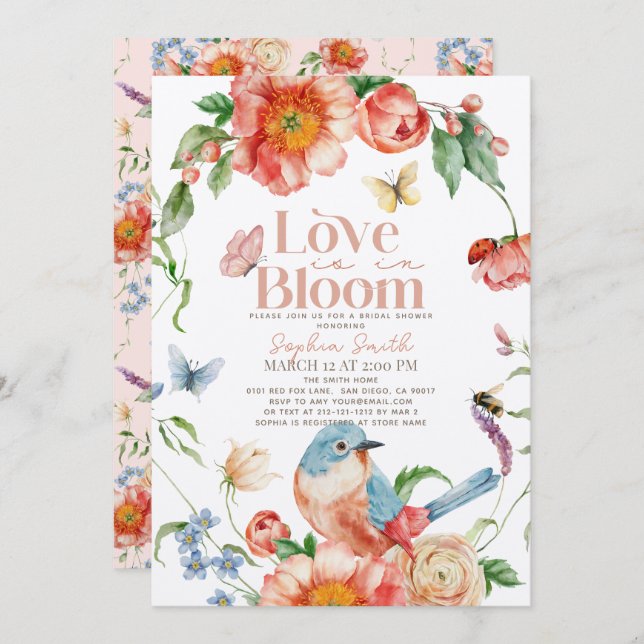 Love is in Bloom Wildflower Bird Bridal Shower Invitation (Front/Back)