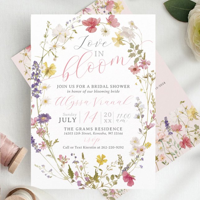 Love Is In Bloom Wildflower Garden Bridal Shower Invitation (Trendy modern cute Love is in Bloom wildflower pink floral garden wedding bridal shower invitation)