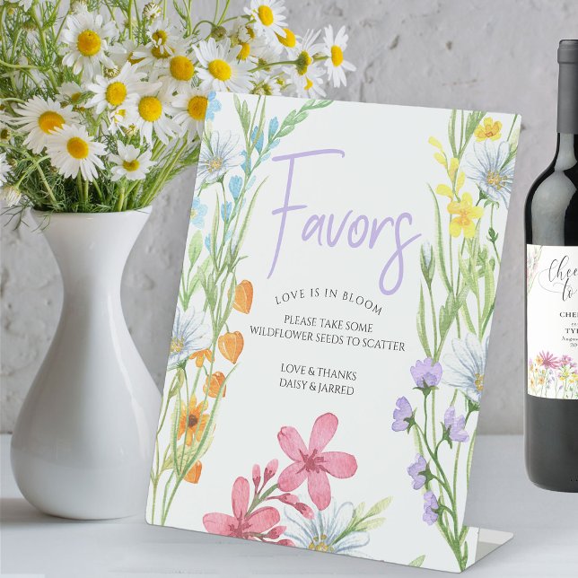 Love is in Bloom Wildflower Meadow Favours Pedestal Sign (Favors table sign for wildflower bridal shower from my wildflower meadow collection)