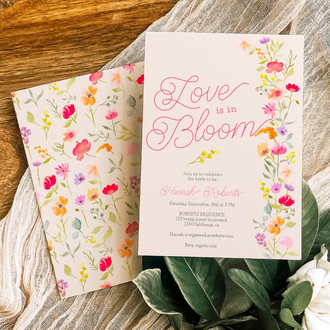 Love is in bloom wildflowers floral bridal shower invitation (Love is in bloom wildflowers floral bridal shower invitation on beige)